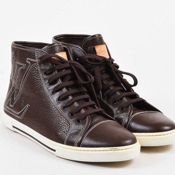 Brown & White Leather LV Laced High Top Sneakers - Picture 2 of 5